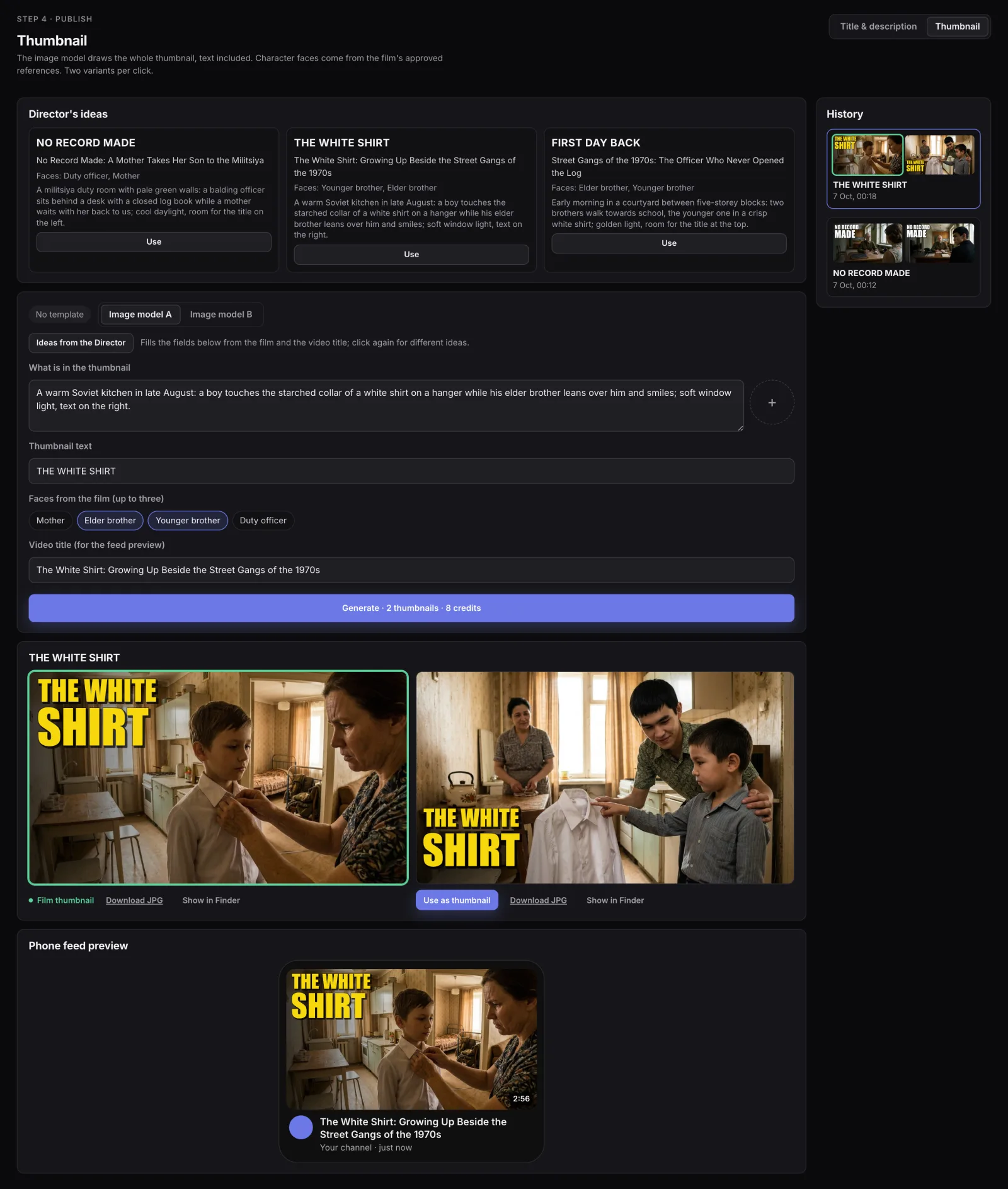 Thumbnail step with demo covers: three cover ideas from the Director, each with cover text, a title, faces and a scene description; a form with the picture description, cover text, faces from the film and the video title; two cover variants of one title, the first marked as the film thumbnail; a history of two generations and a phone feed preview