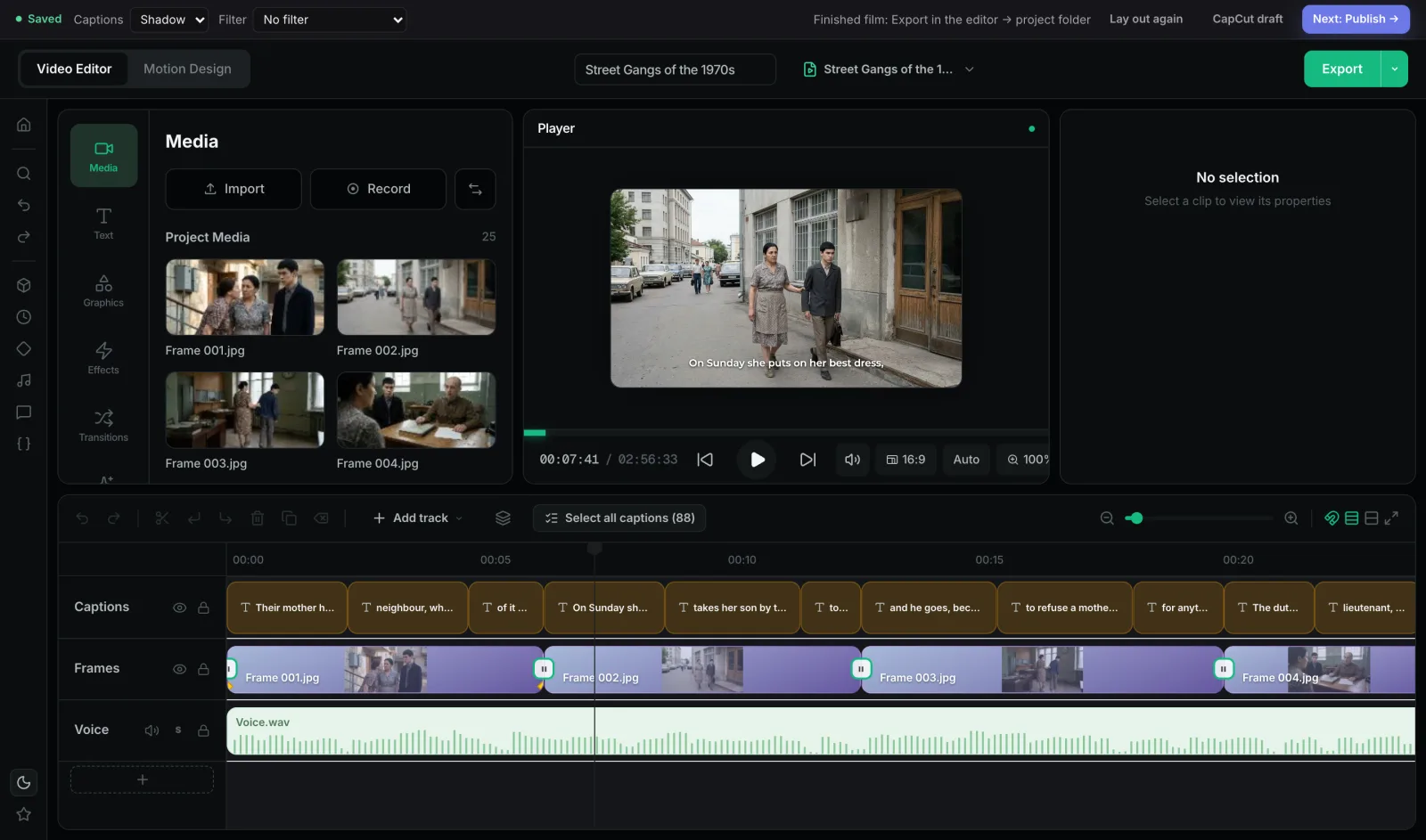 Video editor with the laid-out film of a sample documentary project: project media with numbered frames, a player showing a woman and a young man walking along a street under an English caption, and a timeline with caption, frame and voice tracks, with Export and CapCut draft buttons at the top