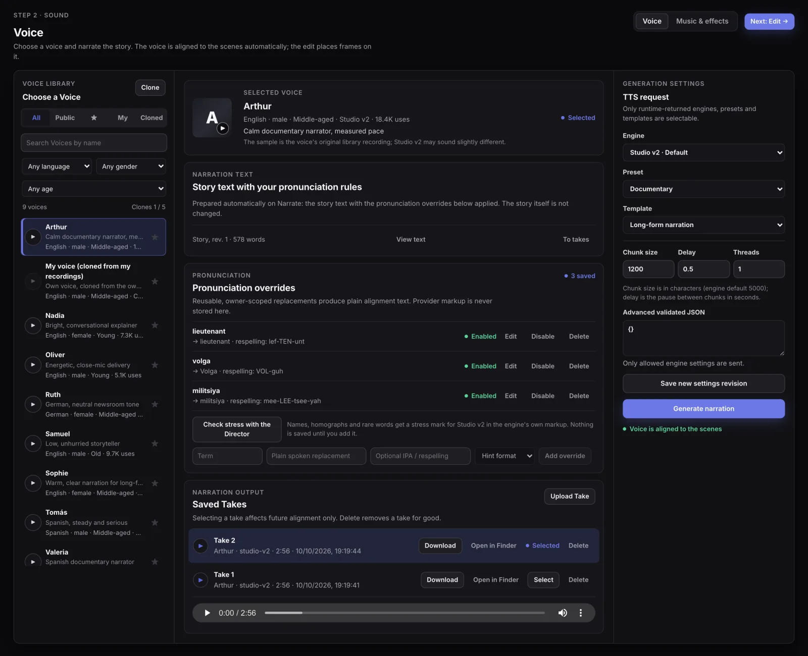 Voice step with a voice library that includes my own voice cloned from my recordings, the selected narrator voice, the narration text card, three pronunciation overrides with spoken respellings, a button to check stress marks, two saved narration takes with a player, and text-to-speech settings
