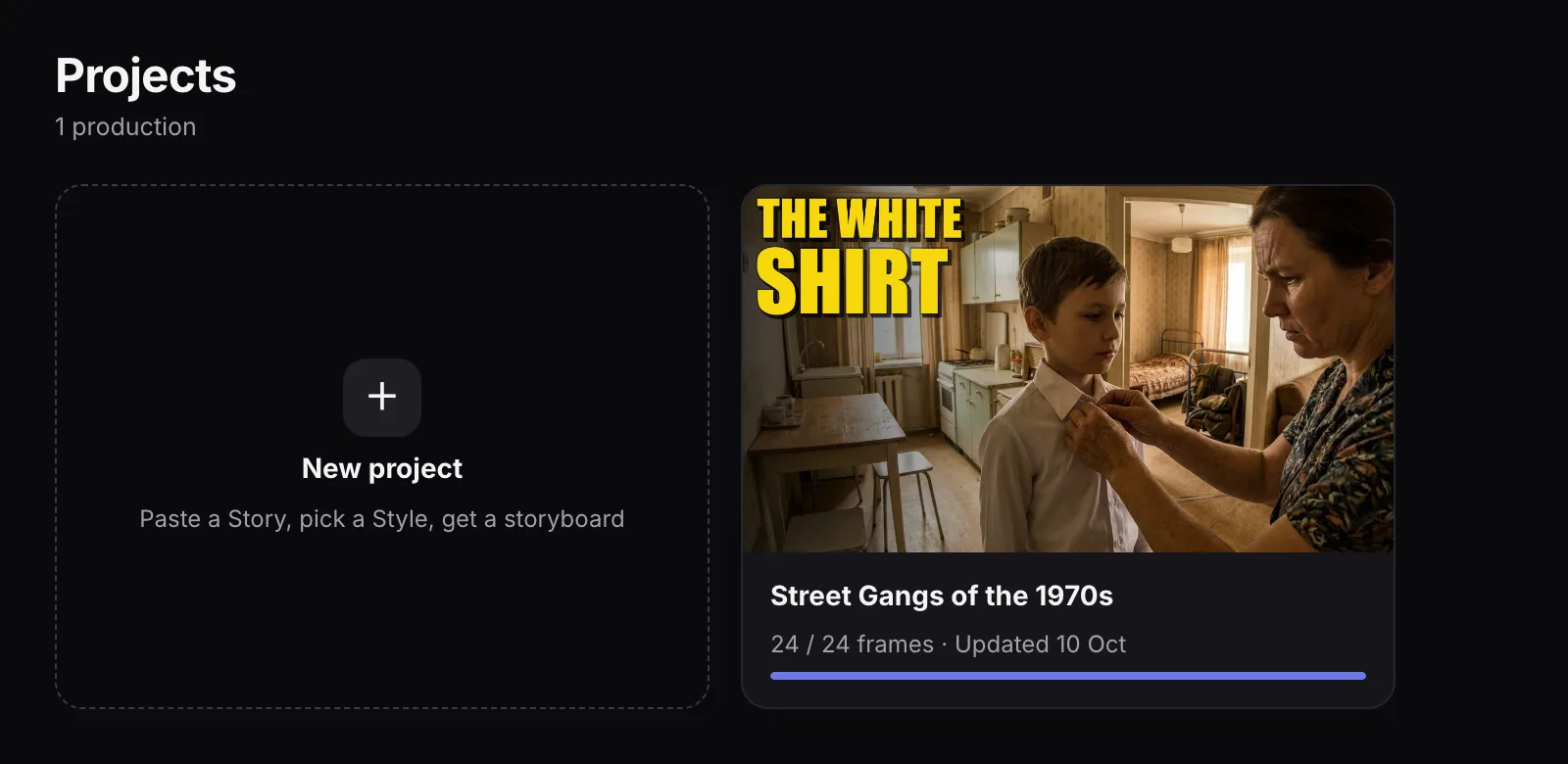 Projects page of the video studio: a New project tile for pasting a story and picking a style, and one sample documentary project card with a cover showing a woman adjusting a boy's white shirt collar, a full frame-progress bar and the date of the last update