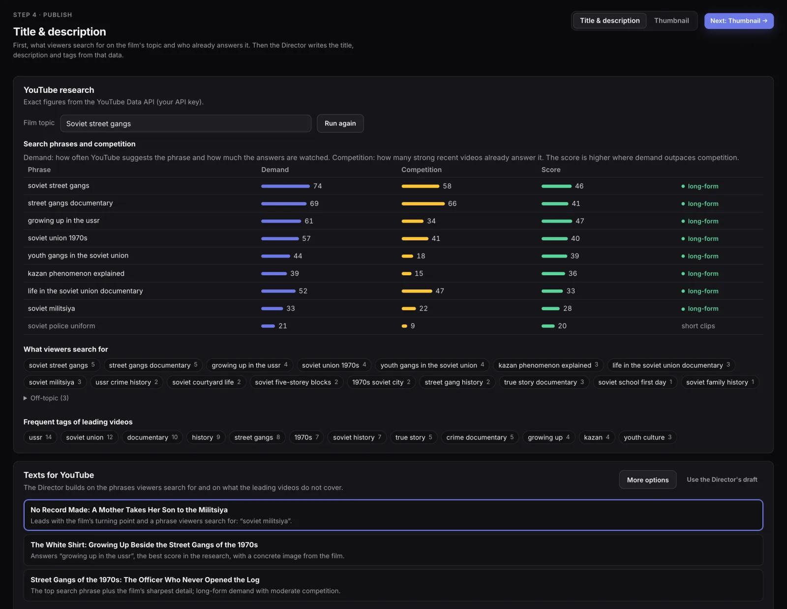 Title and description step: YouTube research for the film's topic with a table of search phrases, each with demand and competition bars, a score and a long-form or short-clips label, the phrases viewers search for, frequent tags of leading videos, and three title options written by the Director, each with its reason