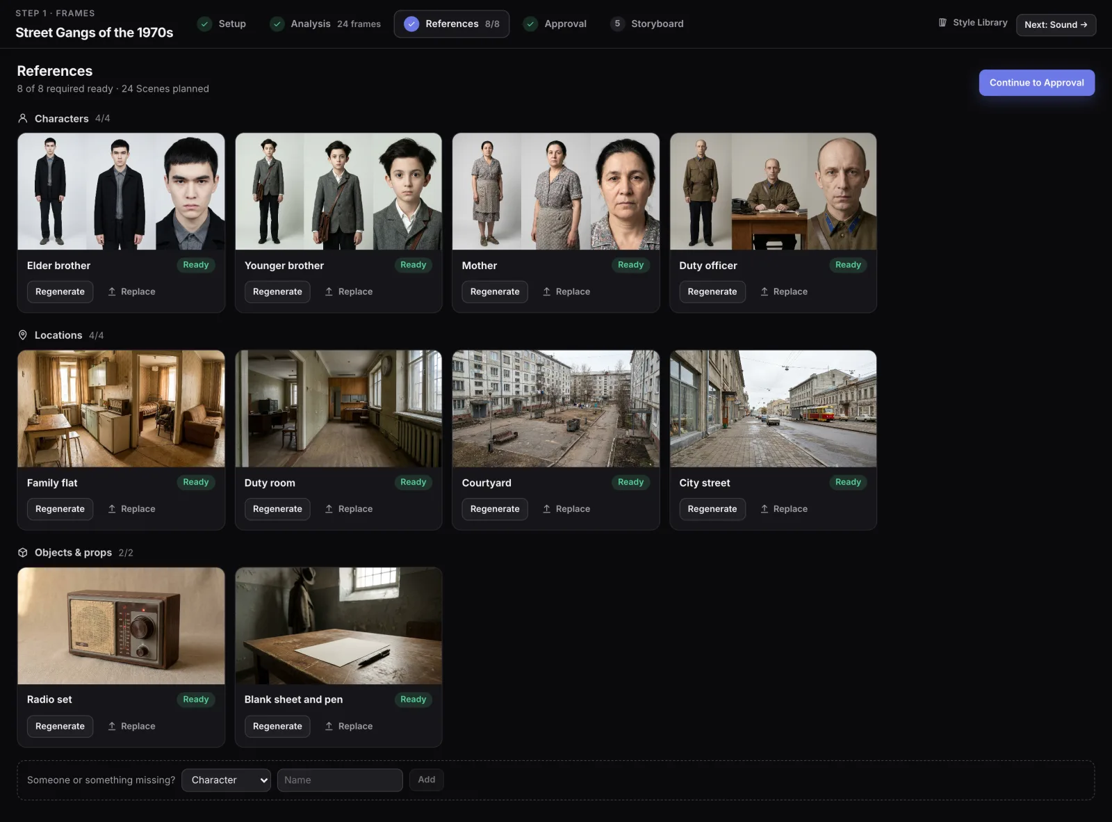 References step with 8 of 8 required references ready for the 24 planned scenes: four characters shown as three-view sheets, four locations and two objects, each marked Ready with Regenerate and Replace buttons, a form to add someone or something missing, and a Continue to Approval button