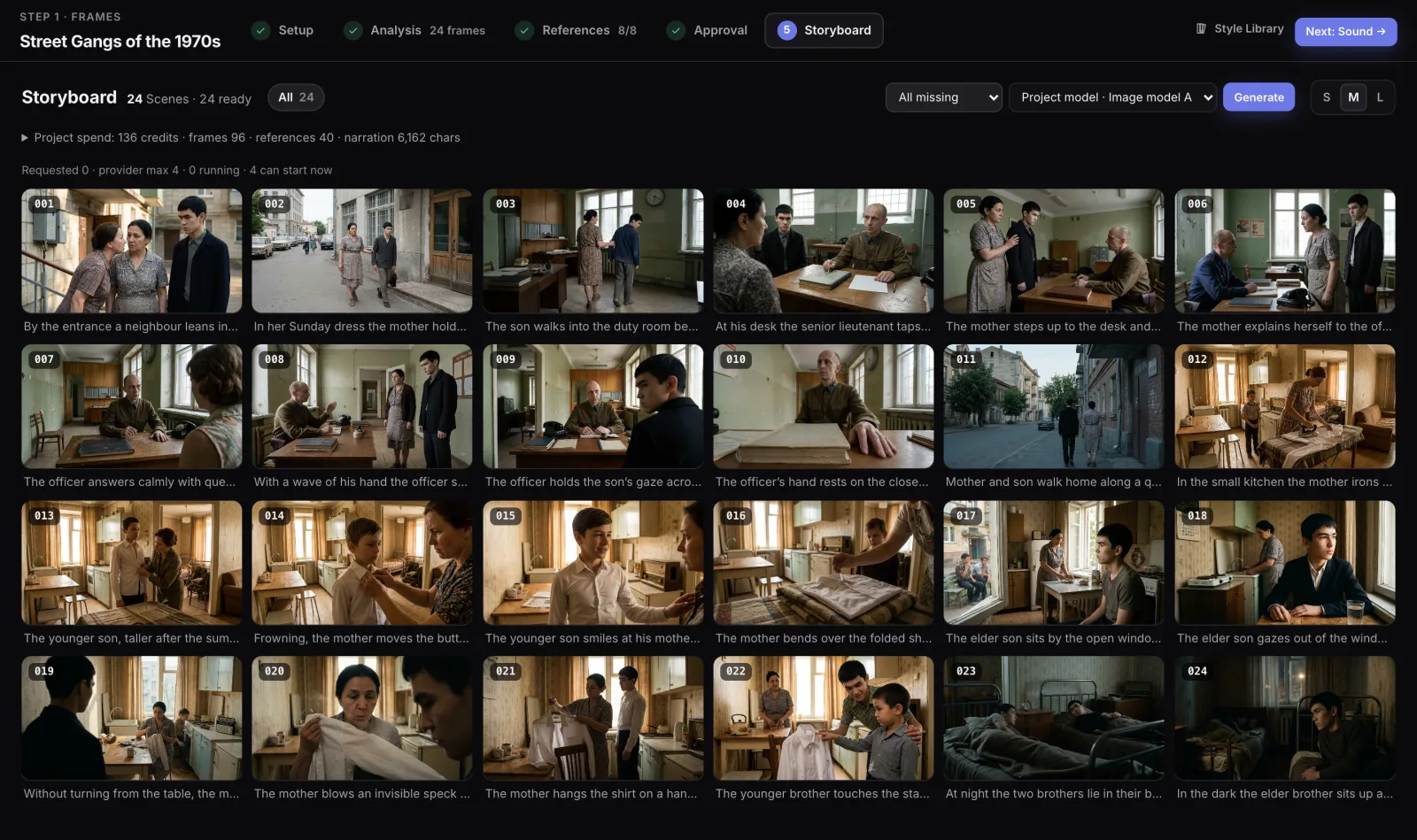 Storyboard of a sample documentary project with 24 numbered frames, all ready, each with the start of its scene description; above the grid the step bar from setup to storyboard, batch controls with a scope and an image model, the project spend in credits and a batch status line