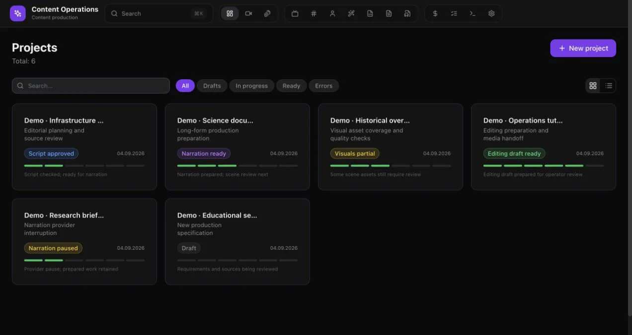 First-generation interface with a projects page listing six demo productions, each with a status such as script approved, narration ready, visuals partial or editing draft ready, and a progress bar of its stages