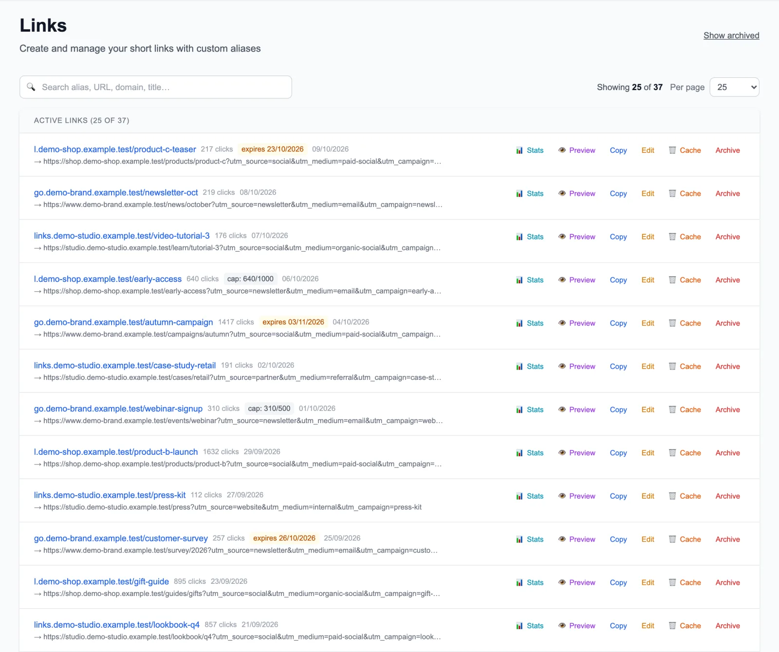 Links list with 12 short links on three demo domains, each with its destination, click count and creation date, expiry and click-cap badges on some rows, and row actions for stats, preview, copy, edit, cache purge and archive