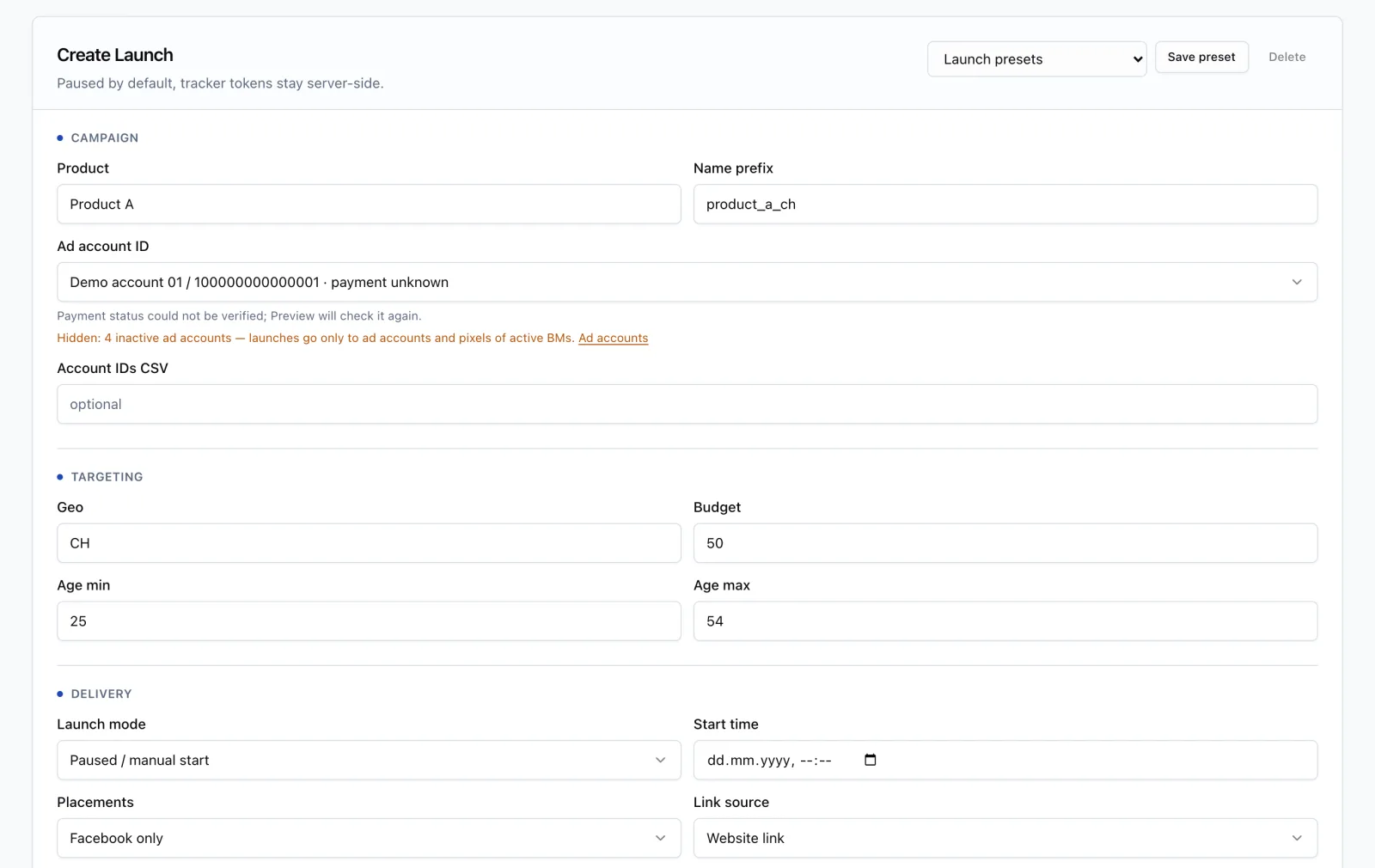 Create Launch form with product, name prefix, ad account, country, budget, age range, launch mode, placements and link source